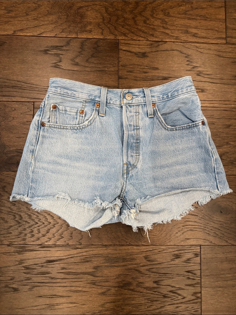 Levi's Light Blue High-Rise Frayed Denim Shorts